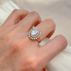 NWT Statement Ring Sz.8 14K Rose Gold Plated Oval Solitaire CZ Double Halo Retro